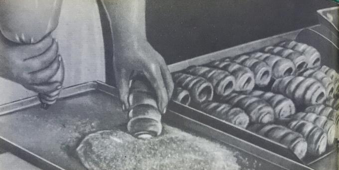 Sagatavošanas process kanāliņu ar krējuma. Foto no grāmatas "ražošana smalkmaizītes un kūkas," 1976 
