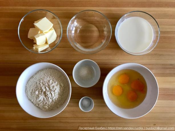220 g piena, 140 g sviests 82,5%, 100 g ūdens, 0.5 hr. sāls, 2 daļas. karotes cukura, 200 g miltu, 6 olas (I izmantoti C1)